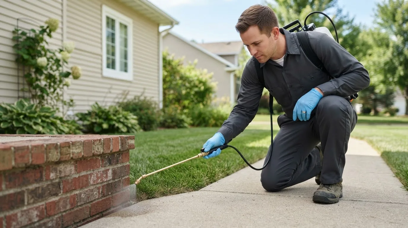 Pest control technician treating a home near New Vienna, OH