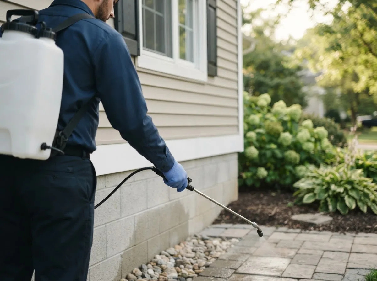 Pest control technician inspecting a home in New Vienna, OH